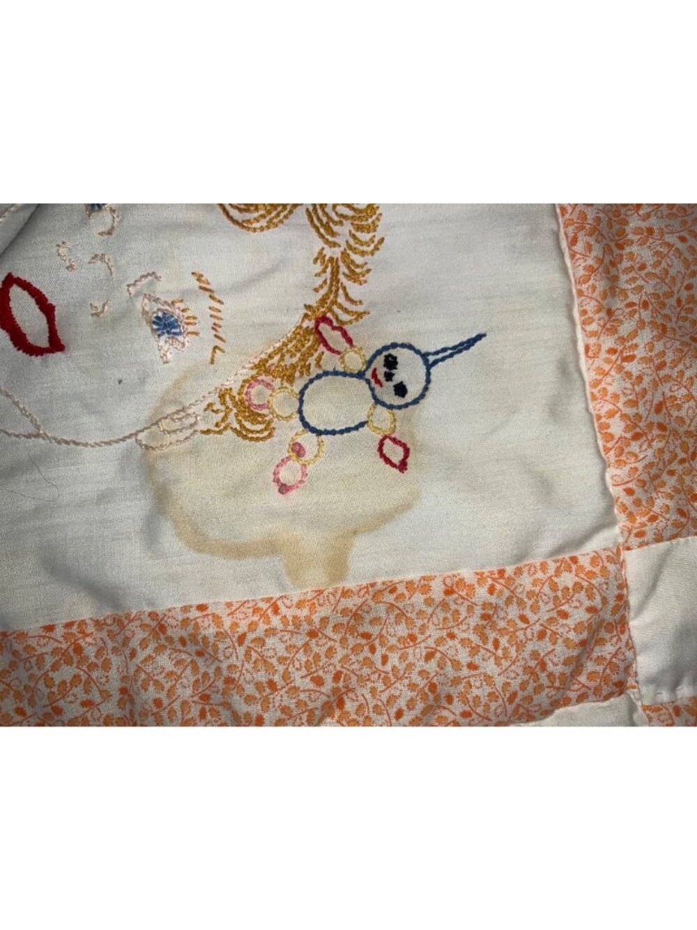 Vintage Handmade Baby Quilt Embroidered Baby Faces Orange Floral Border Unique - Picture 14 of 15